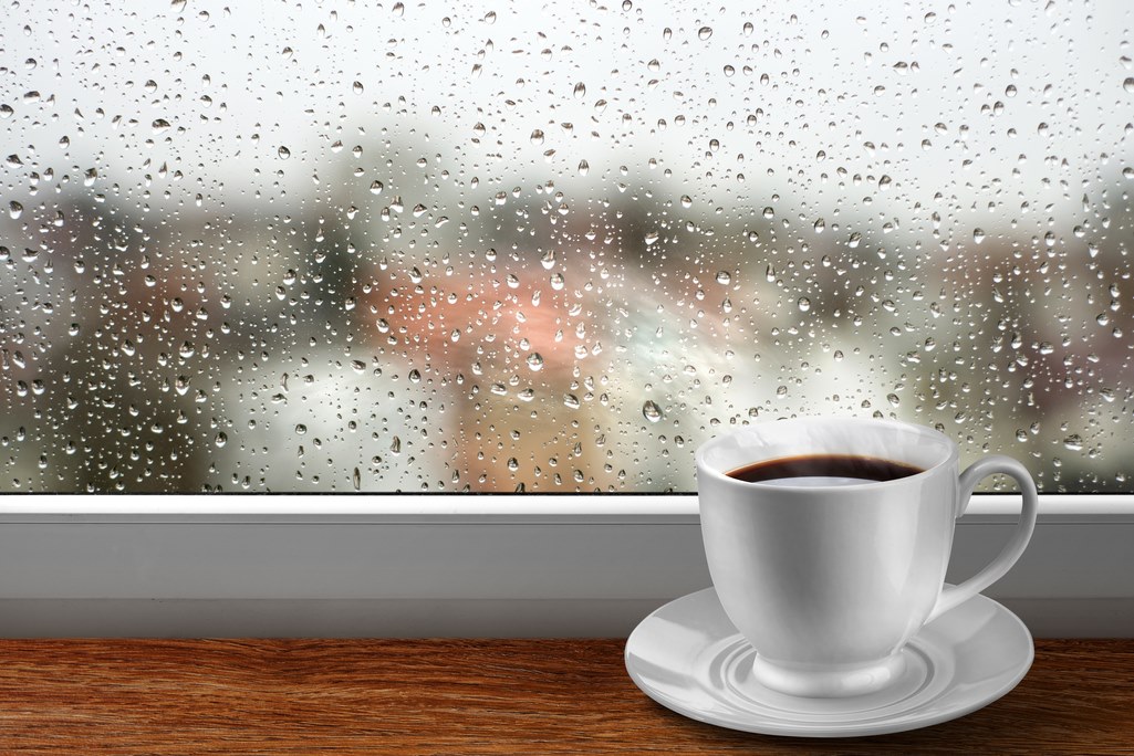 Coffee cup in front of a rainy window.